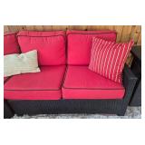 Outdoor Wicker Sectional Sofa Set with Red Cushions - Glass-Top Coffee Table & 2 End Tables
