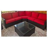 Outdoor Wicker Sectional Sofa Set with Red Cushions - Glass-Top Coffee Table & 2 End Tables