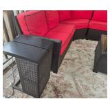 Outdoor Wicker Sectional Sofa Set with Red Cushions - Glass-Top Coffee Table & 2 End Tables