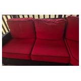 Outdoor Wicker Sectional Sofa Set with Red Cushions - Glass-Top Coffee Table & 2 End Tables