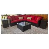 Outdoor Wicker Sectional Sofa Set with Red Cushions - Glass-Top Coffee Table & 2 End Tables