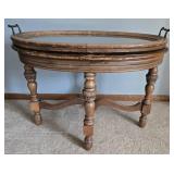 Vintage Oval Coffee Table with Glass Serving Tray - Carved Turned Legs