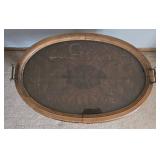 Vintage Oval Coffee Table with Glass Serving Tray - Carved Turned Legs