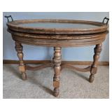 Vintage Oval Coffee Table with Glass Serving Tray - Carved Turned Legs