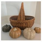 Wicker Gathering Basket with 4 Ceramic Pumpkins - Autumn Decor Set