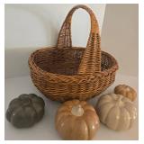 Wicker Gathering Basket with 4 Ceramic Pumpkins - Autumn Decor Set