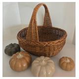 Wicker Gathering Basket with 4 Ceramic Pumpkins - Autumn Decor Set