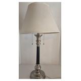 Brushed Nickel Base with Black Column Table Lamp - Off White Fabric Shade