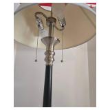 Brushed Nickel Base with Black Column Table Lamp - Off White Fabric Shade