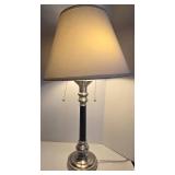 Brushed Nickel Base with Black Column Table Lamp - Off White Fabric Shade