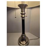 Brushed Nickel Base with Black Column Table Lamp - Off White Fabric Shade
