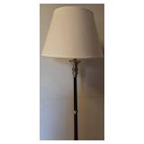 Brushed Nickel Floor Lamp with Black Column and Beige Fabric Shade