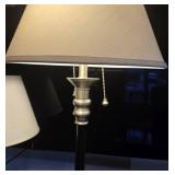 Brushed Nickel Floor Lamp with Black Column and Beige Fabric Shade