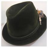 Vintage ANTON PESCHEL Dark Green Fedora Hat with Feather Corsage - Juster Bros Minneapolis