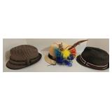 Lot of 3 Fedora Hats - Milani Straw with Feathers & Original Penguin Tweed  & Waterproof Woven Gray
