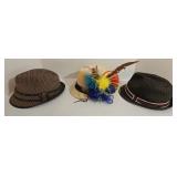 Lot of 3 Fedora Hats - Milani Straw with Feathers & Original Penguin Tweed  & Waterproof Woven Gray