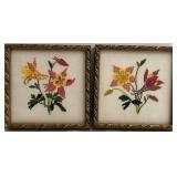 Pair of Cross Stitch Floral Pictures in Ornate Frames - 7 1/4 in Square, 1 1/4 in Deep