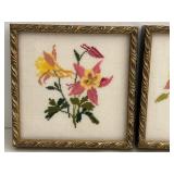 Pair of Cross Stitch Floral Pictures in Ornate Frames - 7 1/4 in Square, 1 1/4 in Deep
