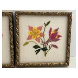 Pair of Cross Stitch Floral Pictures in Ornate Frames - 7 1/4 in Square, 1 1/4 in Deep