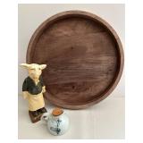 Wood Turn Tray 18 inch Diameter - Resin Pig Statue 11 inch Tall - Pottery Pour (Artist Signed)