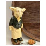 Wood Turn Tray 18 inch Diameter - Resin Pig Statue 11 inch Tall - Pottery Pour (Artist Signed)