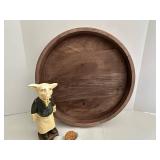 Wood Turn Tray 18 inch Diameter - Resin Pig Statue 11 inch Tall - Pottery Pour (Artist Signed)