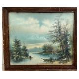 Old Cabin Print in Antique Frame - Water Row Boat Scene, 20x17