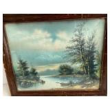 Old Cabin Print in Antique Frame - Water Row Boat Scene, 20x17