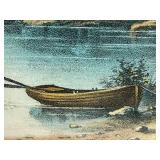 Old Cabin Print in Antique Frame - Water Row Boat Scene, 20x17