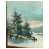 Old Cabin Print in Antique Frame - Water Row Boat Scene, 20x17