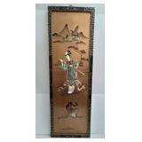 Oriental Sculpted Bone Panel Painting - 12 x 36 in, 37.5 in overall height with ornate hanger