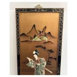 Oriental Sculpted Bone Panel Painting - 12 x 36 in, 37.5 in overall height with ornate hanger