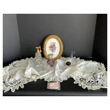 Victorian Ribbon Work Picture - Crystal Perfume Bottles, Irice Purple Bottle, Lace Runner 48x15
