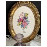 Victorian Ribbon Work Picture - Crystal Perfume Bottles, Irice Purple Bottle, Lace Runner 48x15