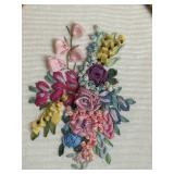 Victorian Ribbon Work Picture - Crystal Perfume Bottles, Irice Purple Bottle, Lace Runner 48x15