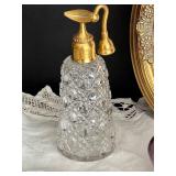 Victorian Ribbon Work Picture - Crystal Perfume Bottles, Irice Purple Bottle, Lace Runner 48x15