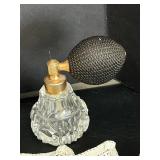 Victorian Ribbon Work Picture - Crystal Perfume Bottles, Irice Purple Bottle, Lace Runner 48x15