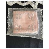 Victorian Ribbon Work Picture - Crystal Perfume Bottles, Irice Purple Bottle, Lace Runner 48x15