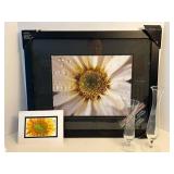 Sunflower Print in Frame 22x18 & 2 Glass Vases - Original Watercolor Painting