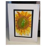 Sunflower Print in Frame 22x18 & 2 Glass Vases - Original Watercolor Painting