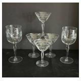 Etched Glassware - 4 Martini Glasses & 2 Large Wine Glasses (Lot of 6)