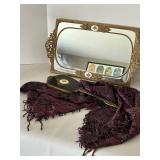 Vintage Hand Mirror with Cloisonné Medallions & Floral Inlay - 17 x 9 in