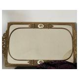 Vintage Hand Mirror with Cloisonné Medallions & Floral Inlay - 17 x 9 in