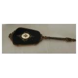 Vintage Hand Mirror with Cloisonné Medallions & Floral Inlay - 17 x 9 in