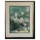 Original Watercolor - White Water Lilies on Pond, Framed 22 1/4 x 28 1/4 in