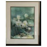 Original Watercolor - White Water Lilies on Pond, Framed 22 1/4 x 28 1/4 in
