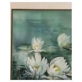 Original Watercolor - White Water Lilies on Pond, Framed 22 1/4 x 28 1/4 in