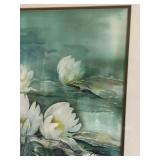 Original Watercolor - White Water Lilies on Pond, Framed 22 1/4 x 28 1/4 in