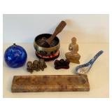 Asian Buddhist Decor Set: Artisan Glass oil Lamp, Singing Bowl, Buddha Statue, Porcelain Spoon, Monkey Figures, Alabaster Trinket Tray