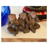 Asian Buddhist Decor Set: Artisan Glass oil Lamp, Singing Bowl, Buddha Statue, Porcelain Spoon, Monkey Figures, Alabaster Trinket Tray